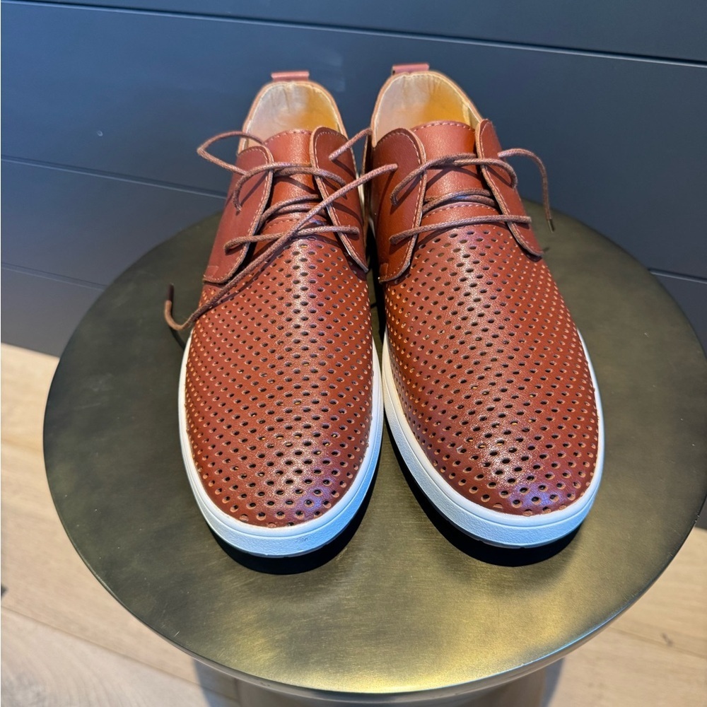 Merkmak Men's Perforated Breathable Casual Lace-up Loafers in Cognac Brown